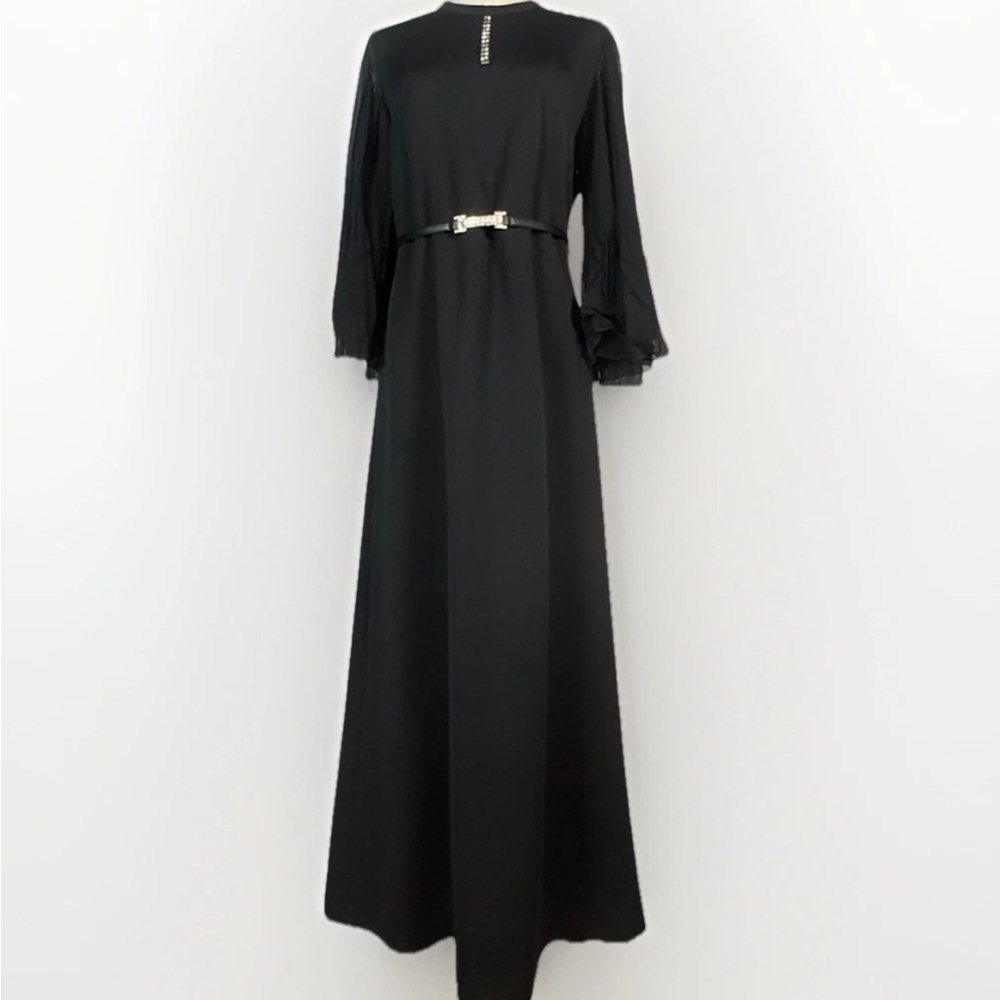 (L) VINTAGE LESLIE POMER Black Maxi Dress with Pleated Sheer Sleeves - Picture 10 of 16